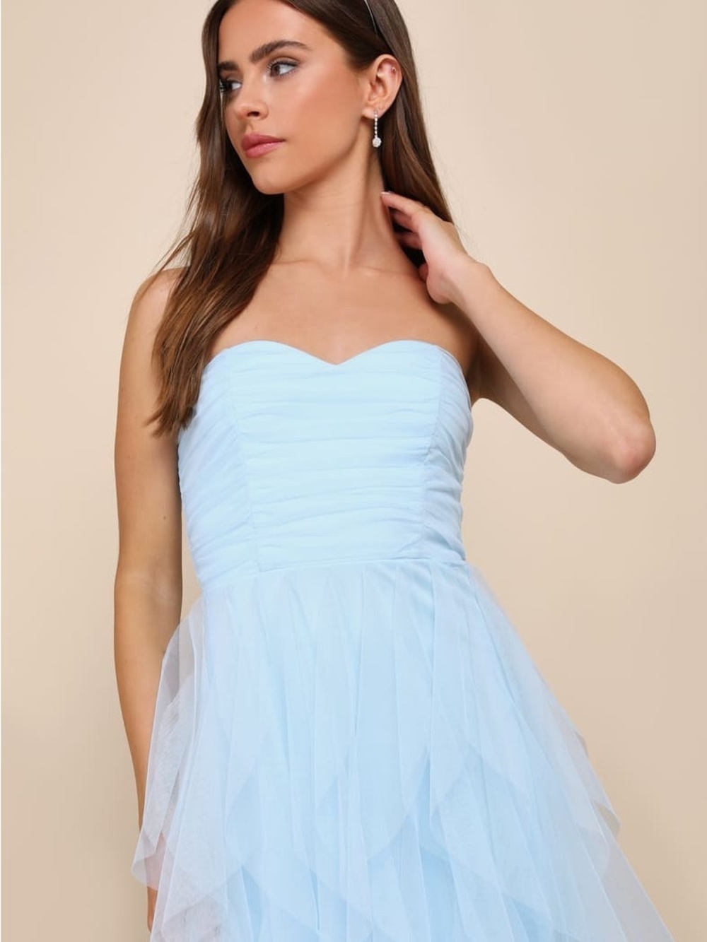 Lulu's Delightfully Beauty Blue Mesh Strapless Ruched Ruffled Maxi Dress. - Picture 4 of 8